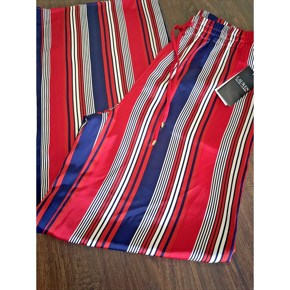 Lauren Ralph Lauren Women's Striped Satin Charmeuse Wide-Leg Pants Red Navy M - Picture 7 of 11